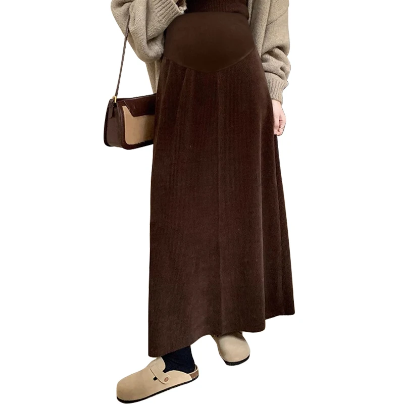 Winter Maternity Belly Skirts with Pockets Long Loose Pregnant Woman Corduroy Umbrella Skirt Floor-length Pregnancy Party Skirt