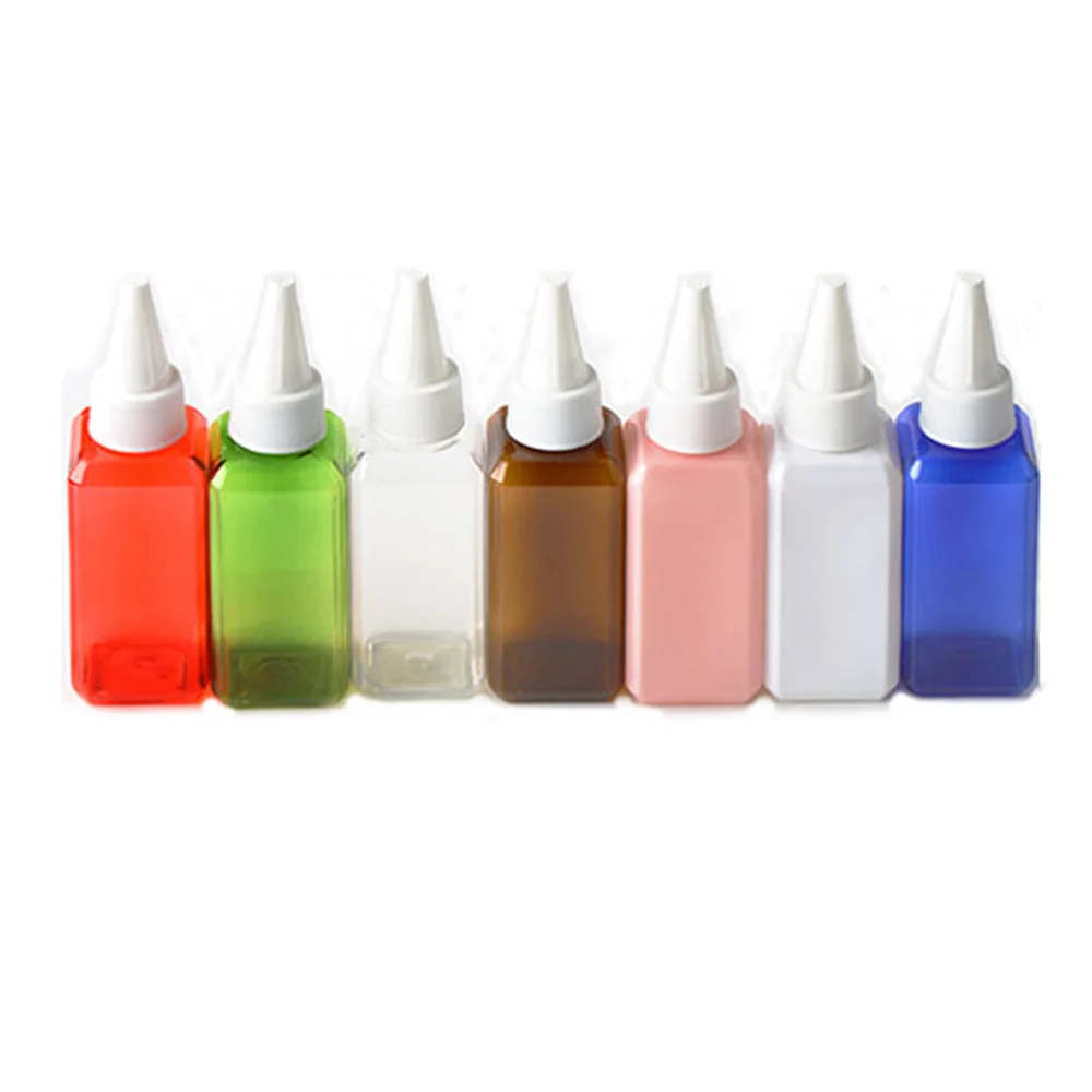 

5pcs/pack 50ml 7 color available Square Squeeze PET plastic lotion cosmetics bottle with white plastic Pointed mouth cap