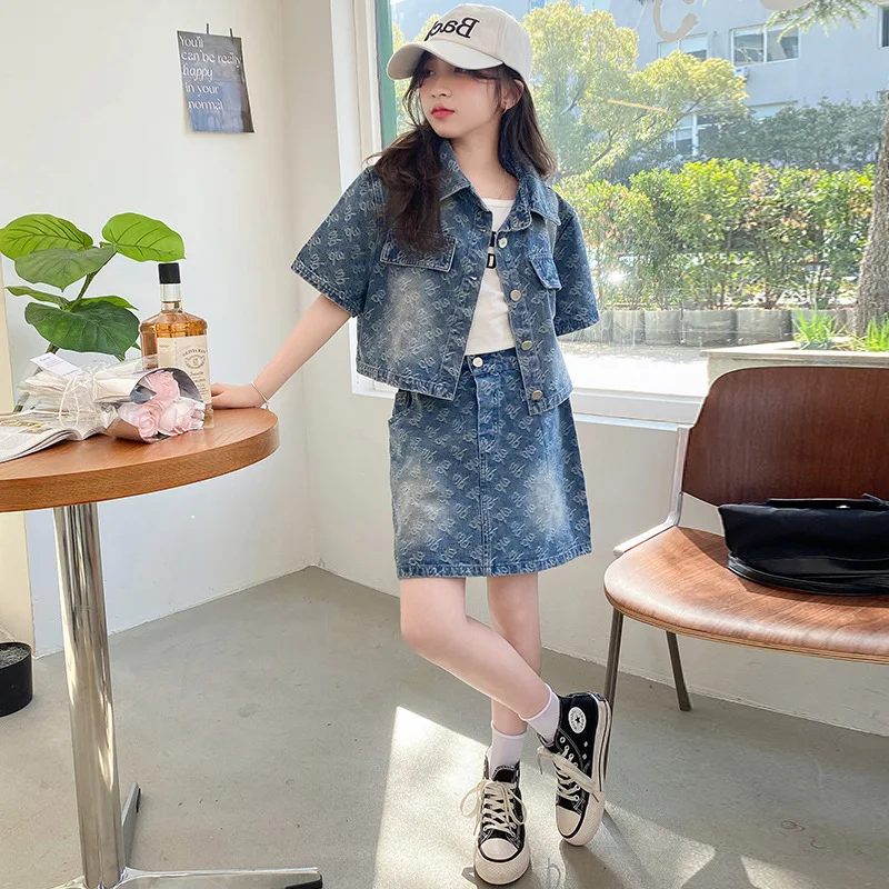 Girls Suits Denim Skirt Set 2024 New Style Summer Girls Skirt Denim Shirt Two-piece Set Korean Simple Style Children Clothes