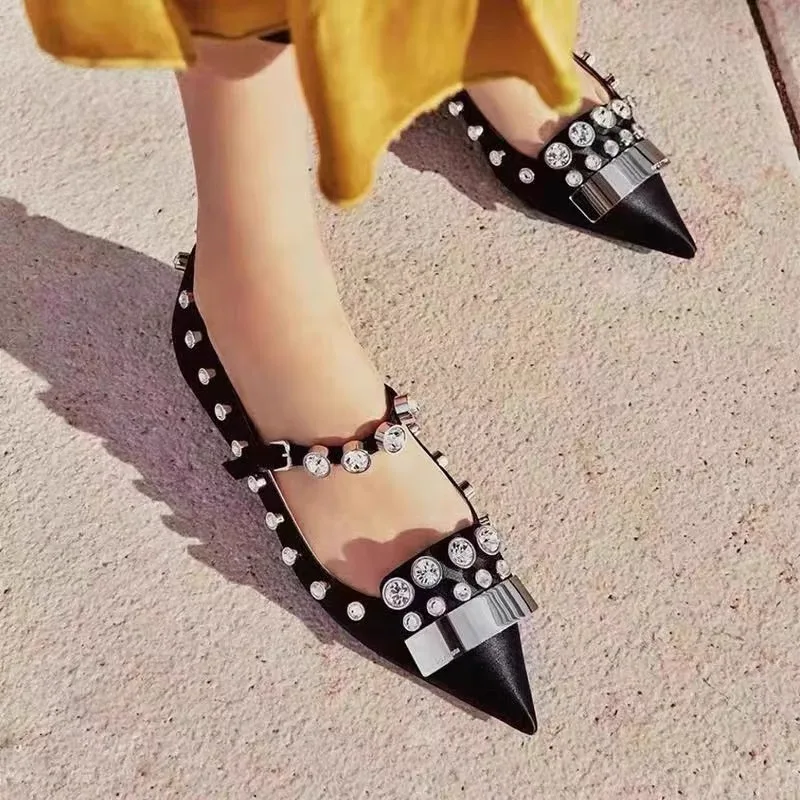 

Studded Rhinestone Black Satin Pumps Girls Nude Pink Pointed Toe Flats Women Metal Buckle Shoes Sandalias Mujer Verano