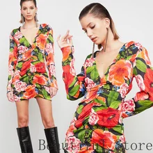 

Luxury Designer Clothes Dresses for Women Party Vintage Flower Print Velvet Long Sleeve Sexy V Neck Folds Bodycon Mini Dress S-L