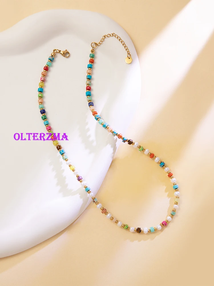 Olterzma 여성용 천연 진주 화려한 킹스톤 비즈 목걸이, Y2K 스테인레스 스틸, 금도금 비즈, 여름 패션 주얼리