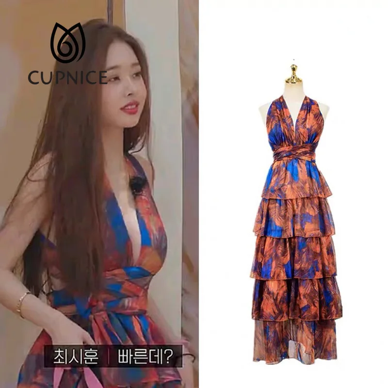 

CUPNCIE New Song Zhiya Single Is Hell Same Style Cascading Ruffles Dress Sleeveless V Neck Bodycon Summer Korean Fashion Dresses