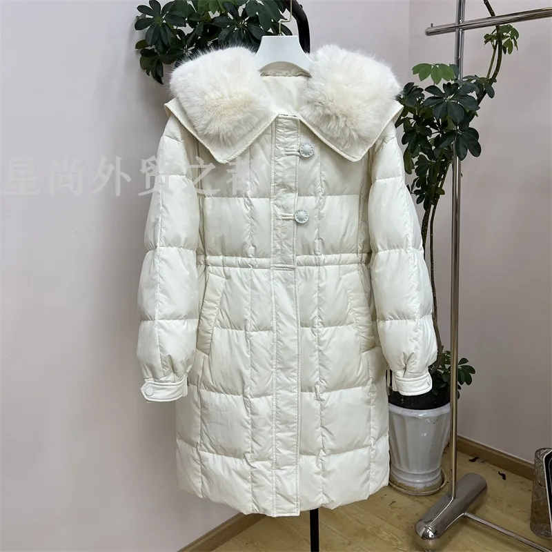 Women's Winter Thickened Long Duck Down Jacket with Big Fur Collar 2023 New Woman Warm Long Sleeve Pocket Slimming Waist Coat