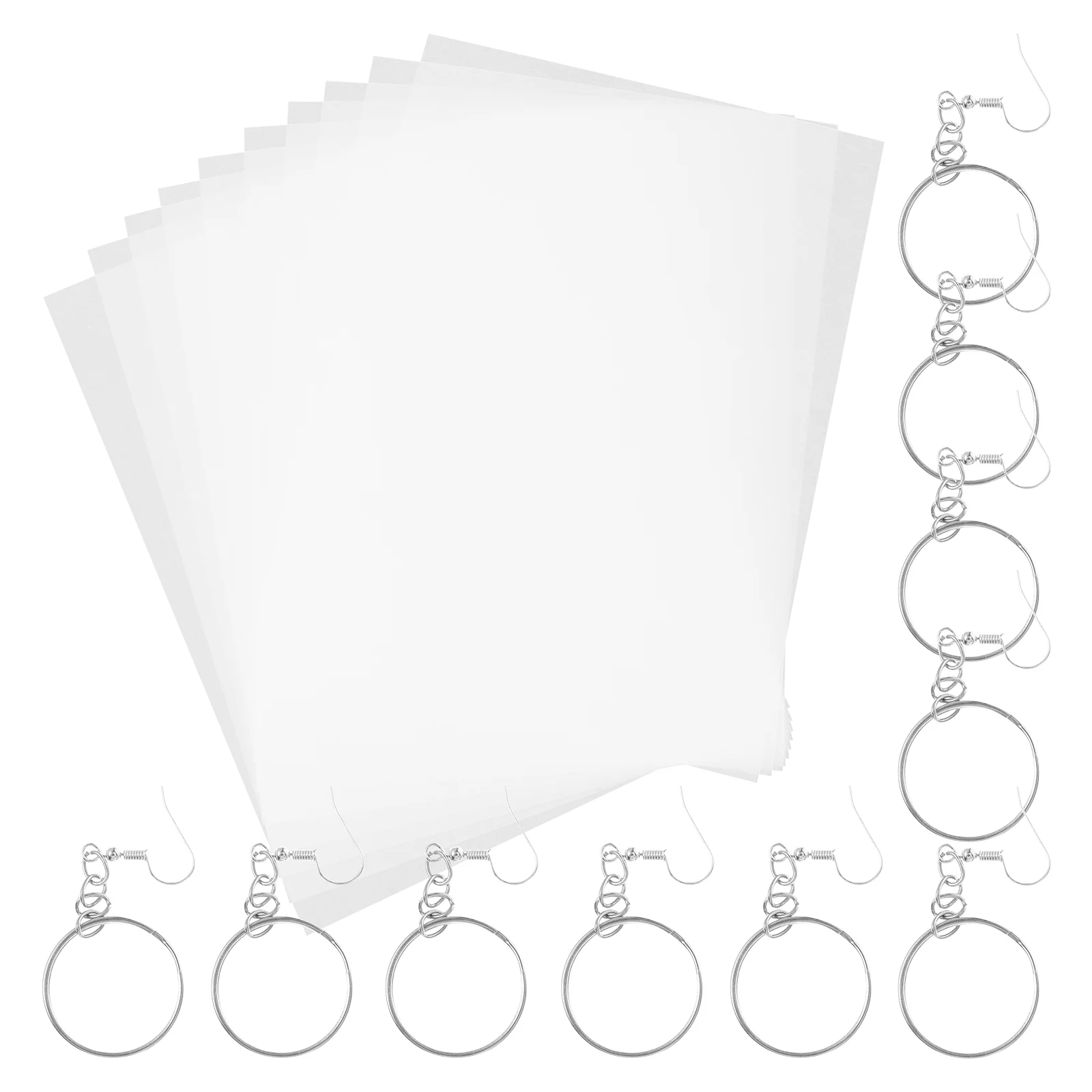 

10 Sheets Heat Shrink Sheets Pack Shrinky Crafts Set Blank Film Paper with 10PCS Key Chains Ear Hooks Accessories for DIY