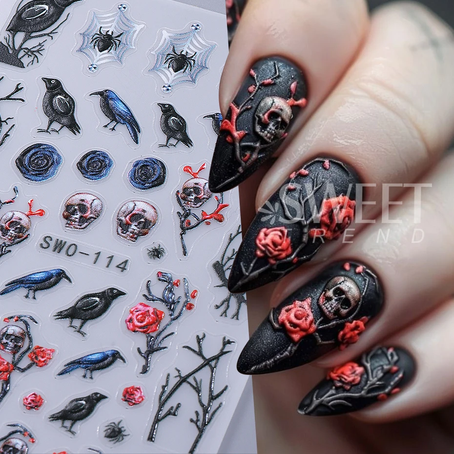 2pcs Halloween Nail Stickers Y2K Spider Web Crow Skull Rose Textured Self-Adhesive Nail Decals Sliders DIY Manicure Decoration