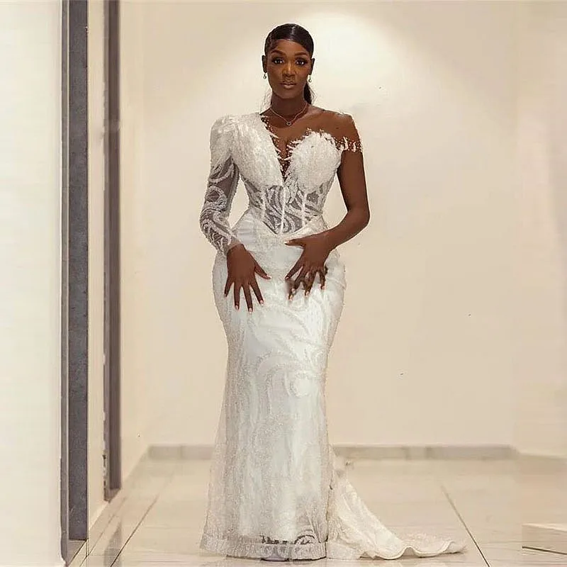 

Aso Ebi Mermaid Wedding Dresses With Sheer Neck Appliques Sequin Capped One Shoulder Plus Size robe de mariée Bridal Dress