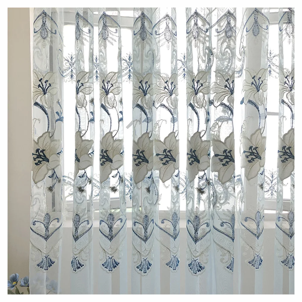 Elegant Light Blue Floral Sheer Embroidered Curtains For Living Room Bedroom Lace Window Treatment Voile Panel Drape