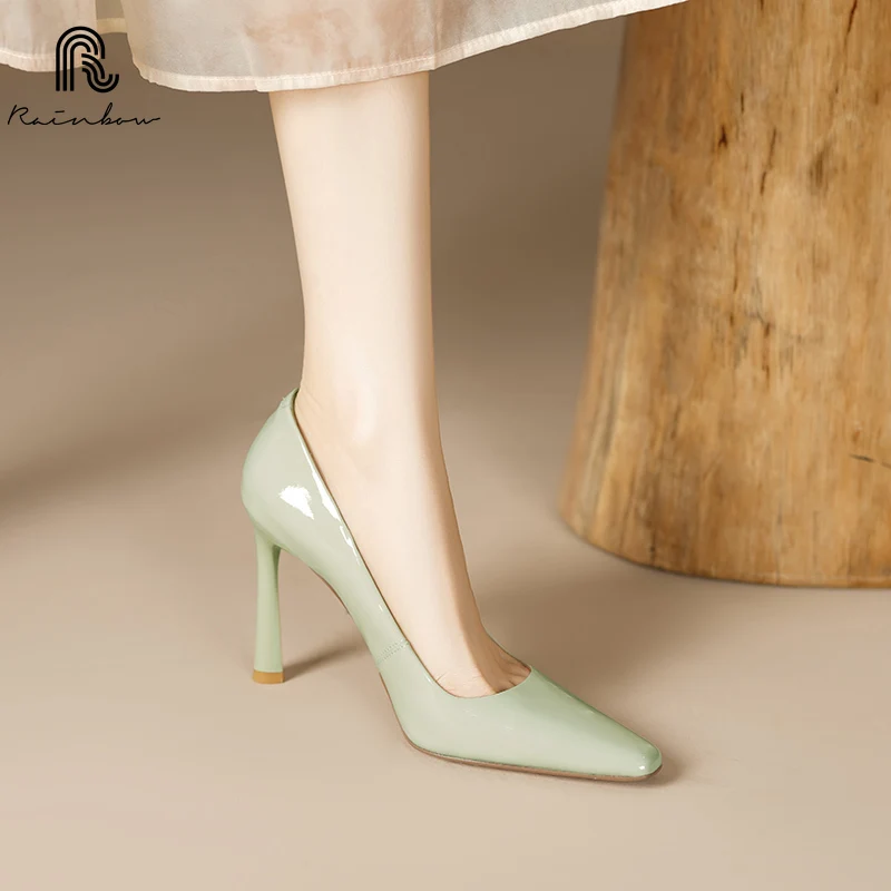 RAINBOW 33-40 Handmade Genuine Leather Shoes Trend Luxury Women Pumps Pointed square Toe High Heels Party Elegant Ladies Office 3