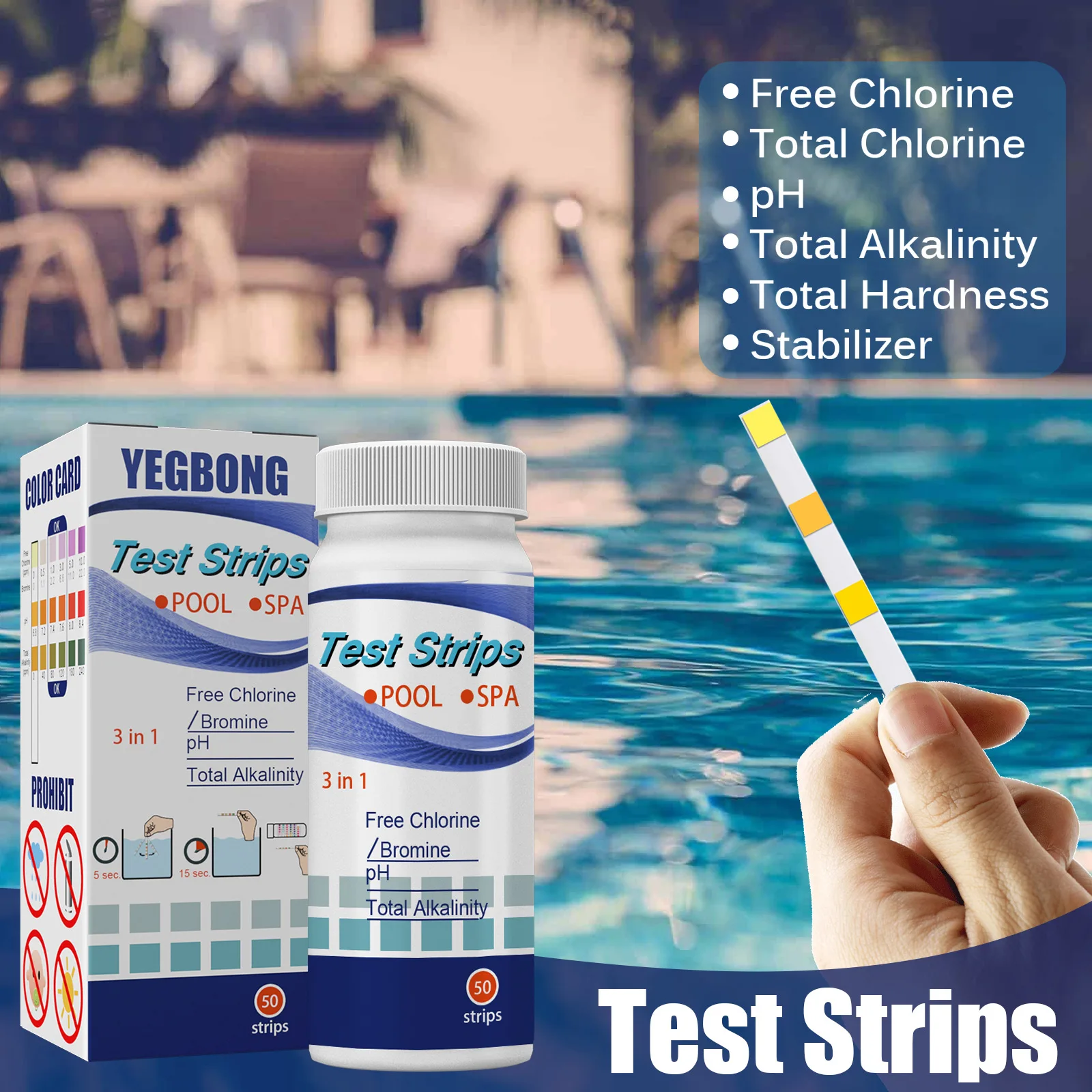 

50pcs 3 In 1 Test Strips Chlorine Dip Hot Tub PH Tester Paper Swimming Pool Test Strip Hot Spring Water Test Strips SPA Testing