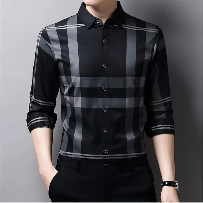 Spring Summer Polo Turn-down Collar Long Sleeve Shirt Men's Stripe Korean Fit Checker Non Ironing Business Fashion Casual Tops
