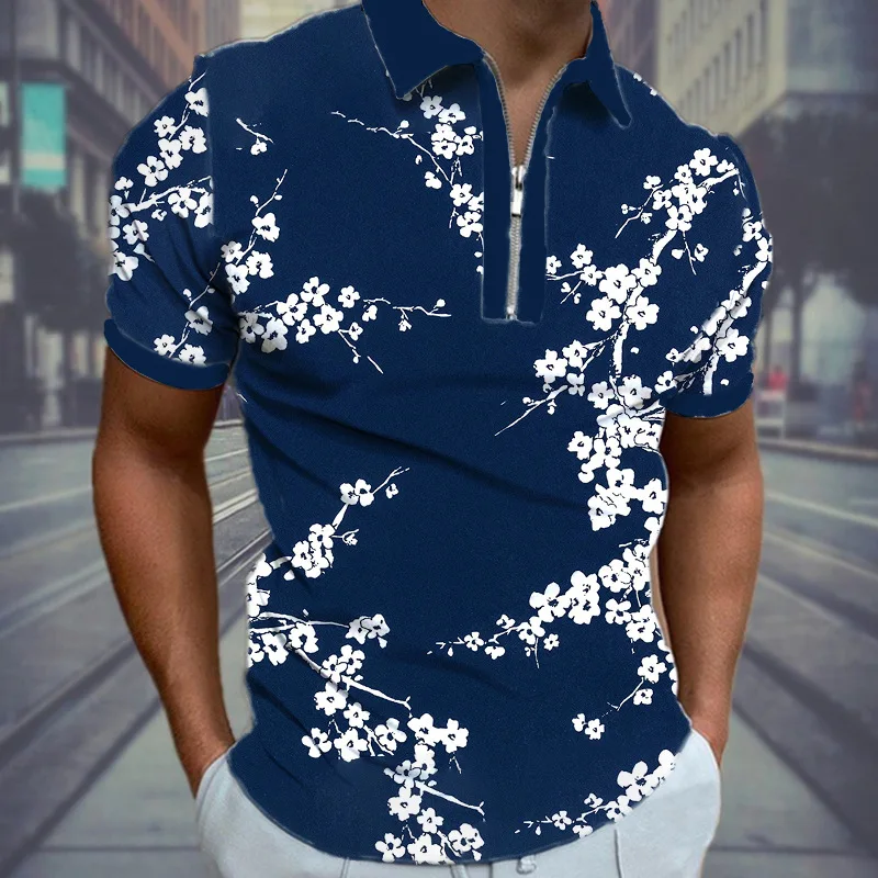 

Fashion Men's Polo Shirts Flower Short Sleeve High Quality Shirt Tops Casual Zipper Polo Tees Oversized Streetwear Men Clothing