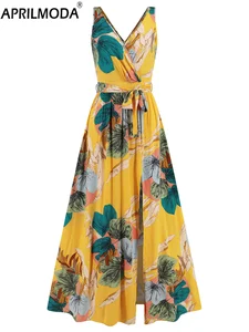 2024 Summer High Split Long Ladies Dress V Neck Sleeveless Spaghetti Straps Floral Print Retro Vinatge Casual Dresses