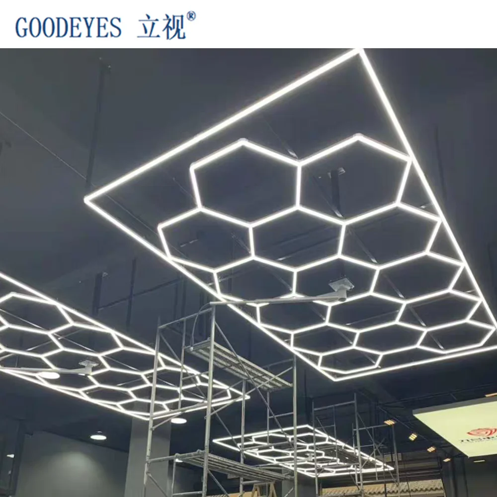 LED Hexagon Garage Light - 14 Panel Honeycomb Grid, IP54 Waterproof, 6500K, 15.68x7.9 Ft Coverage