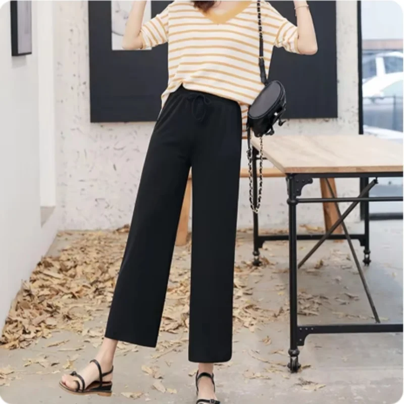 Popular ice silk threaded wide-leg pants for women summer thin high-waist draped new straight casual sun protection pants