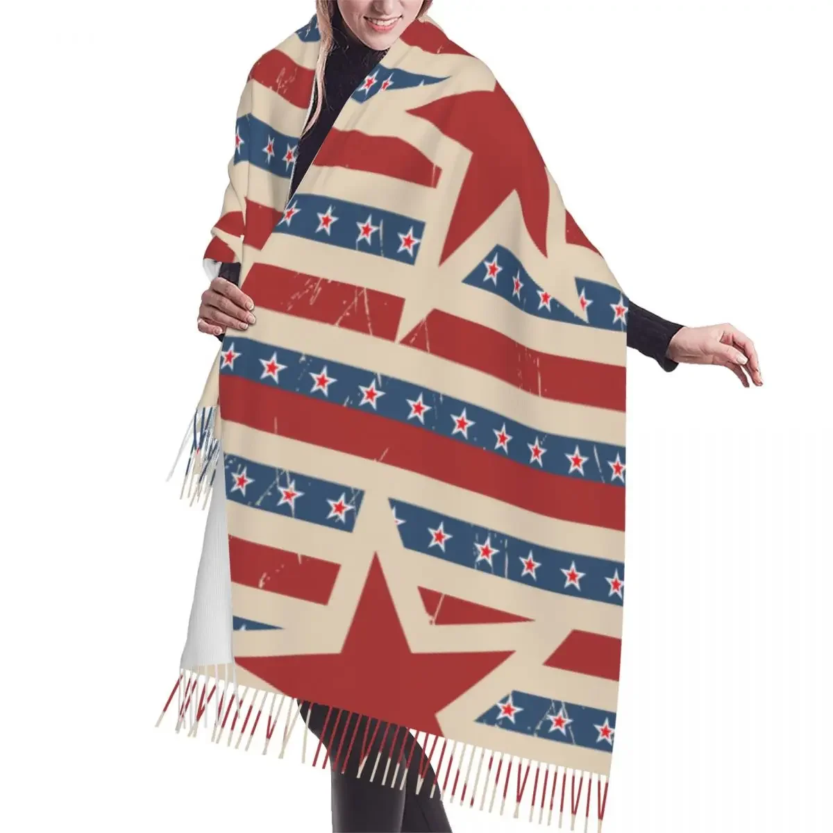 

Vintage American Patriotic Stars And Stripes Pattern Winter Scarf Shawls Wrap Women Men Warm Bufanda Tassel Scarves