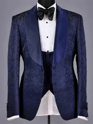 Men's Suit 3 Pieces Jacquard Blazer Vest Black Pants One Button Sheer Satin Lapel Business Wedding Groom Tailored Costume Homme
