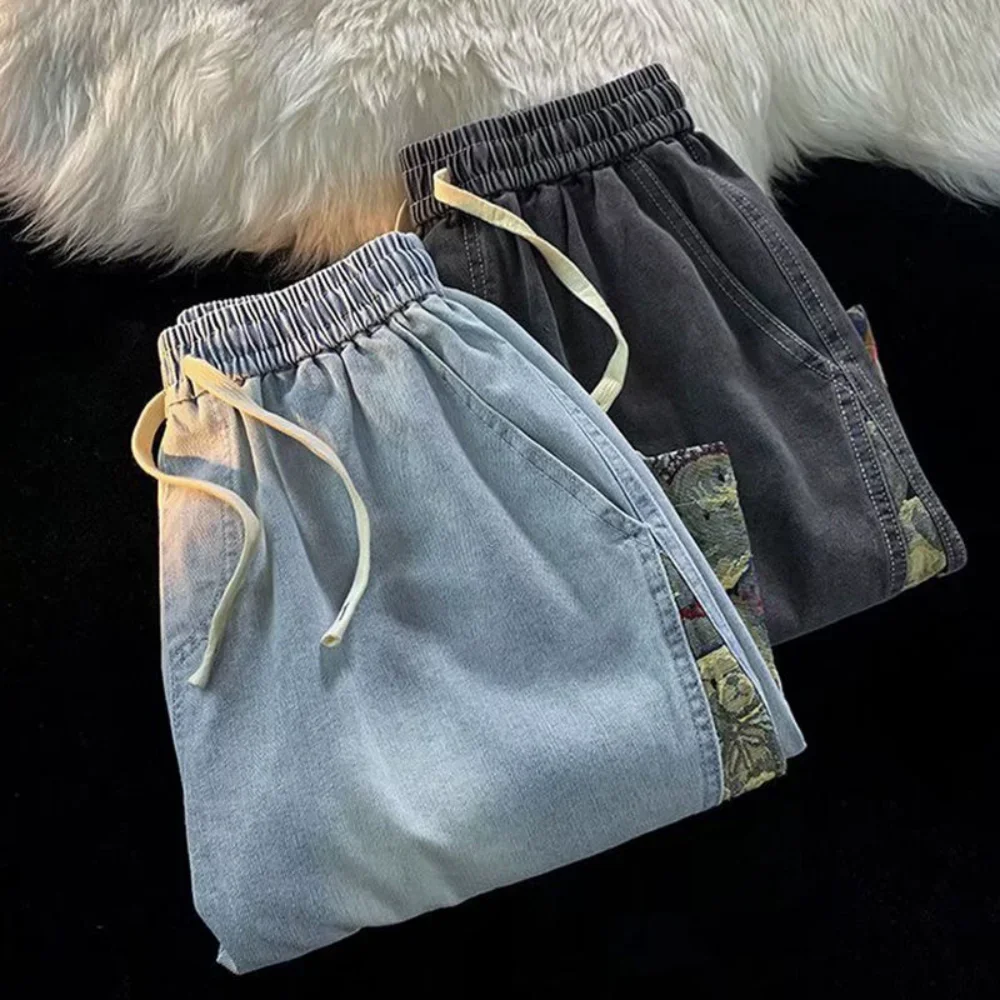 

Summer New Men's Denim Shorts Classic Baggy Simple Casual Wide Leg Straight Leg Capris Korean Street Panel Perforated Shorts