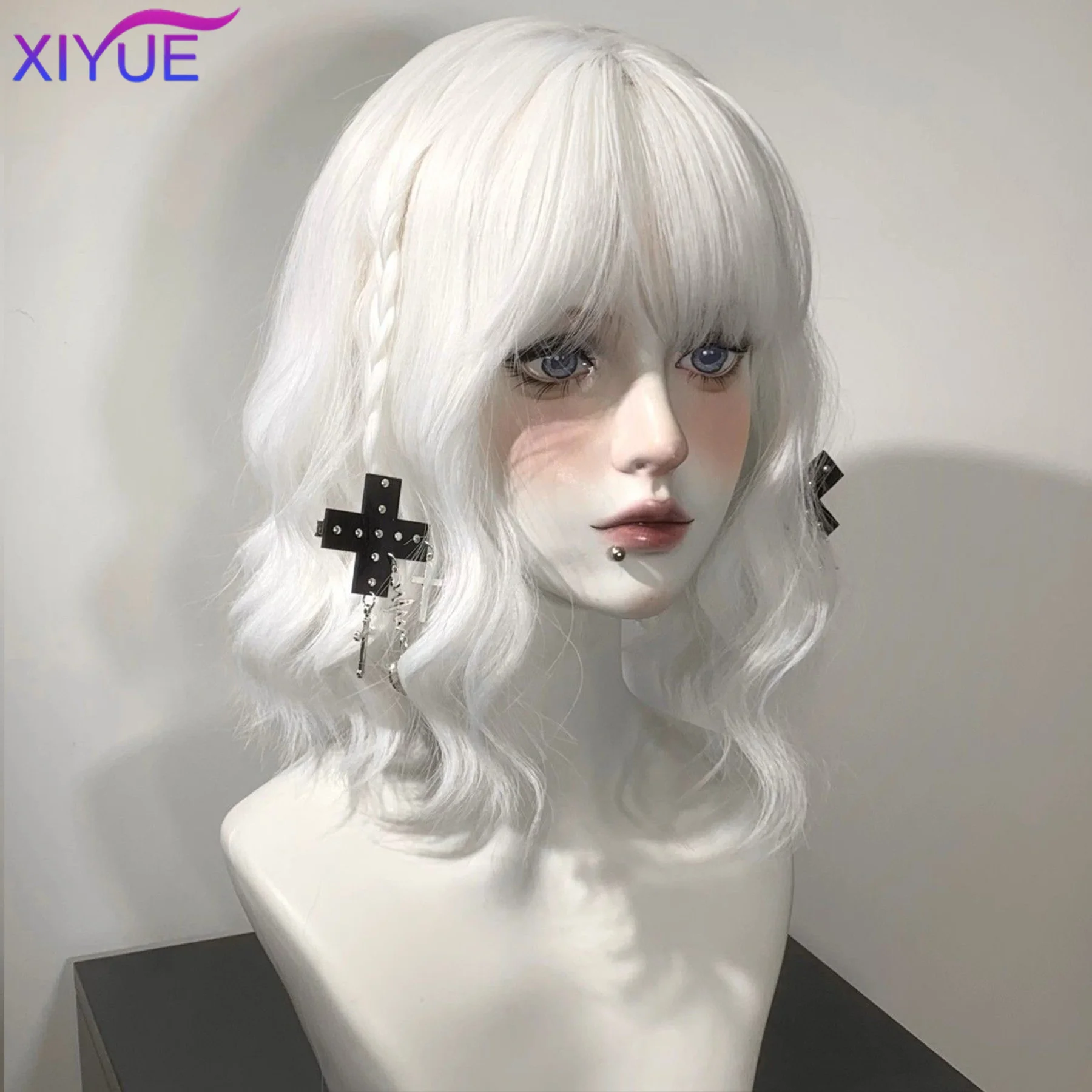 XIYUE Short Straight Bob Wigs for Women white Synthetic Natural Hair Wig with Bangs Heat Resistant Cosplay Daily Use Hair