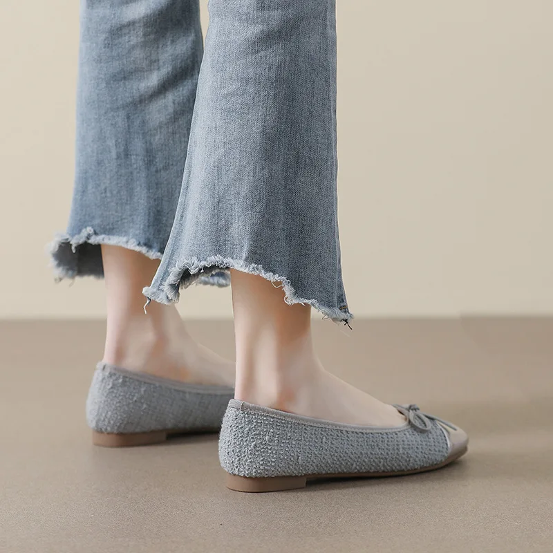 Leather Patchwork Sequines cloth flat shoes woman round toe bowtie ballet flats silver moccasins female slip on loafers size 43 4