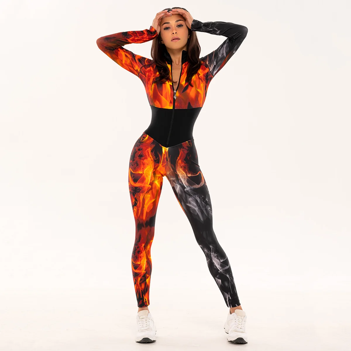 Uoozee 2023 Spring Summer Fashion Fire Printed Long Sleeves Zipper Sports Jumpsuits For Women Sports Gym One Piece Jumpsuit