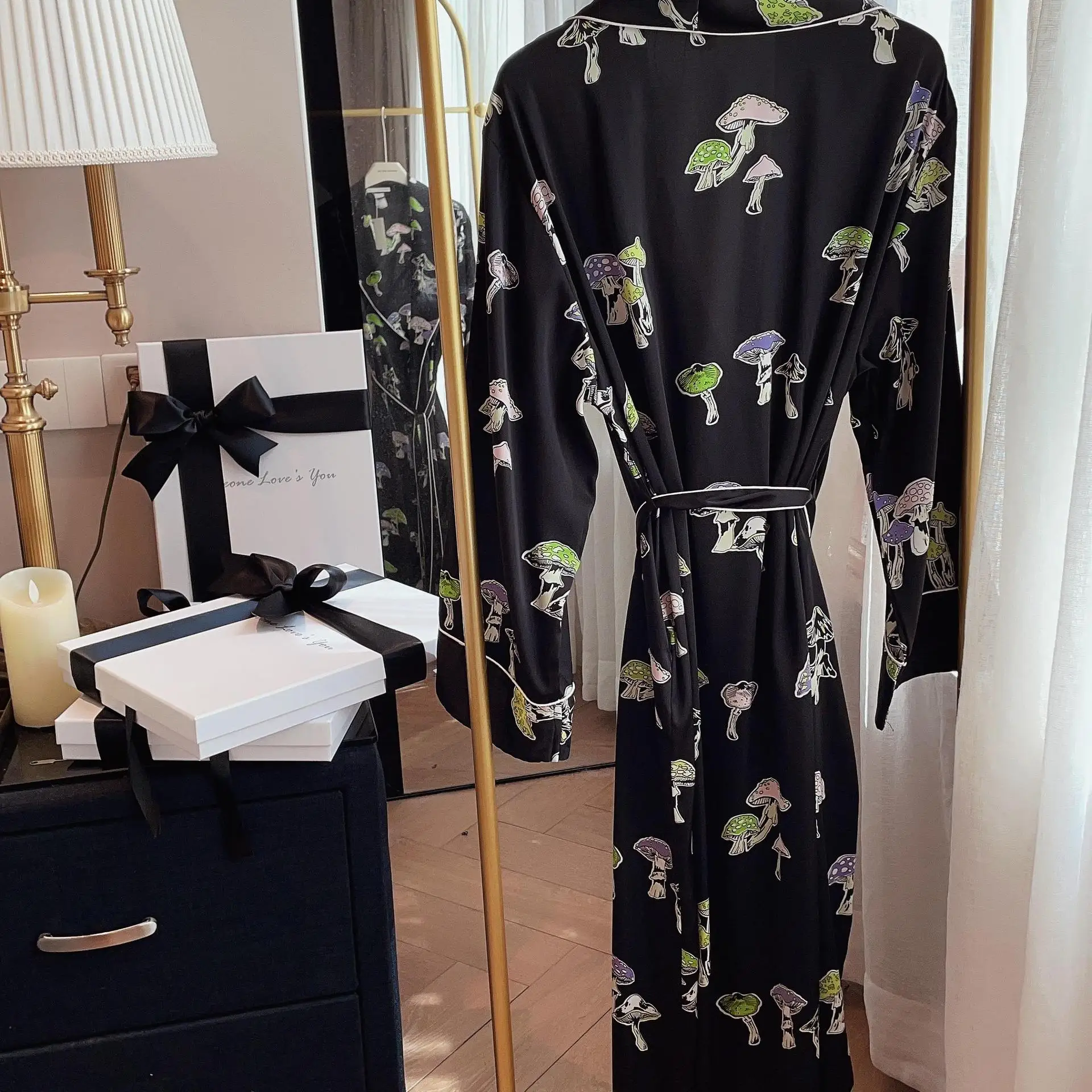 

TXii Newlook весенне-осенняя Стильная черная ночная рубашка с принтом в виде грибов шелковая Домашняя одежда высокого качества