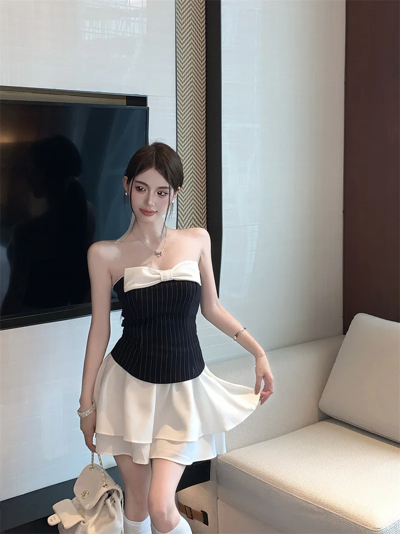 Sexy Striped Patchwork Short Dresses for Women Strapless Layered Ruffles A-line Bow Birthday Party Dress Korean Fashion Vestido