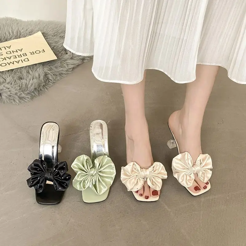 Fashion Transparent Pointed Toes Sandals Elegant Slingback Crystal Female Party Pumps Ladies Shoes Woman Bow Heels 34