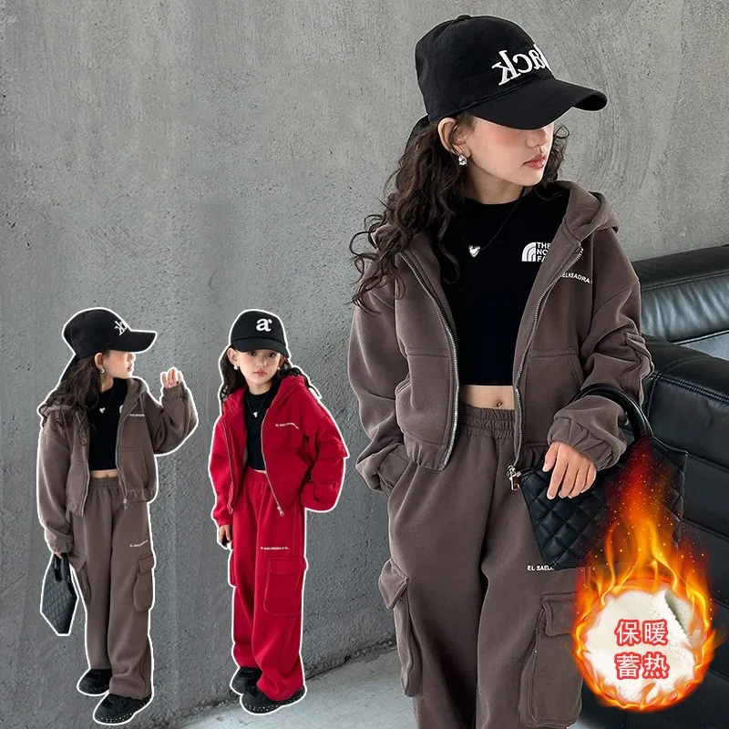 

4-15 Years Girls Fleece Hoodie Set Autumn Winter Thick Warm Casual Sportswear Two Pieces School Children Clothing Kids Outfits