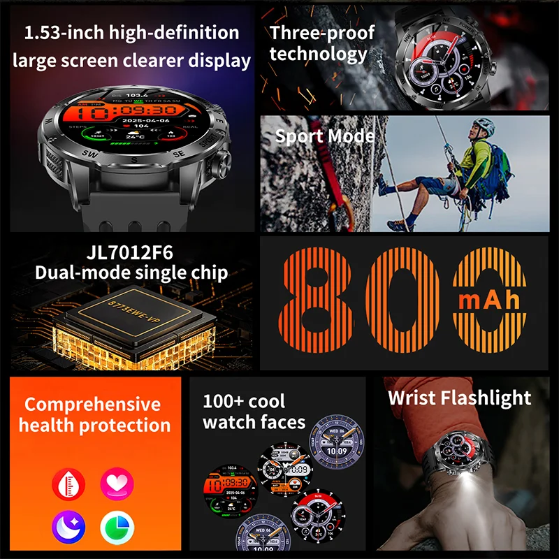 Reloj inteligente deportivo para hombre con batería de gran capacidad de 800 mAh, brújula, linterna LED, Bluetooth y función de llamada. Regalo ideal para hombres y mujeres._voghion.com