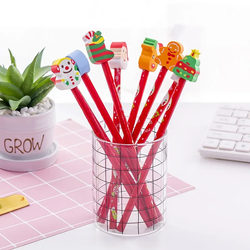 

Wooden Pencils with Erasers Christmas Santa Snowman Stationery Kids Writing Drawing Painting Tool Office School Supplies