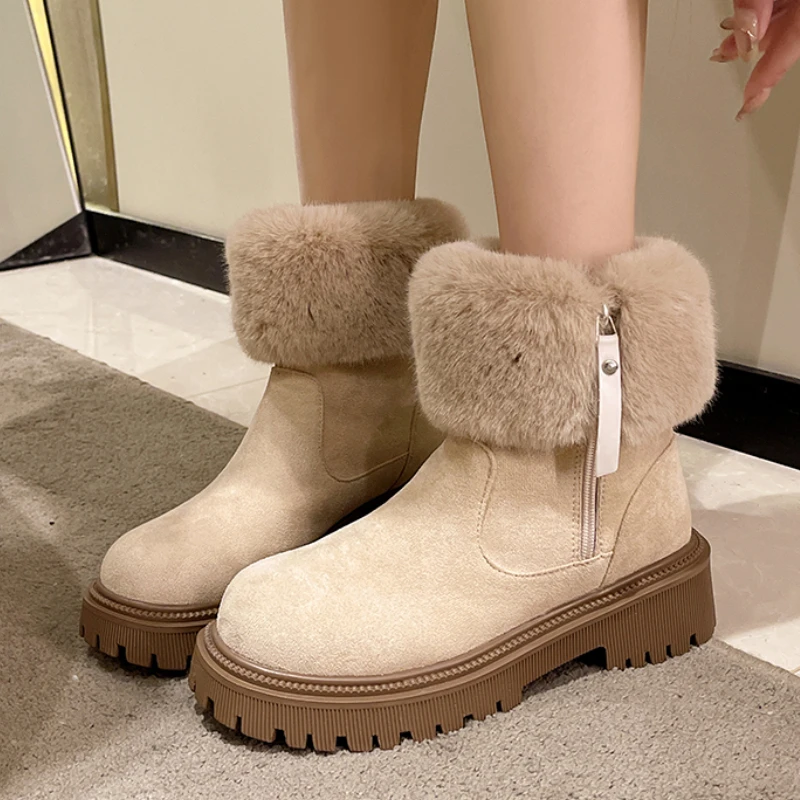 

Женские ботинки на молнии сбоку, Зимние Замшевые флисовые теплые ботинки на коротком массивном каблуке, 2023