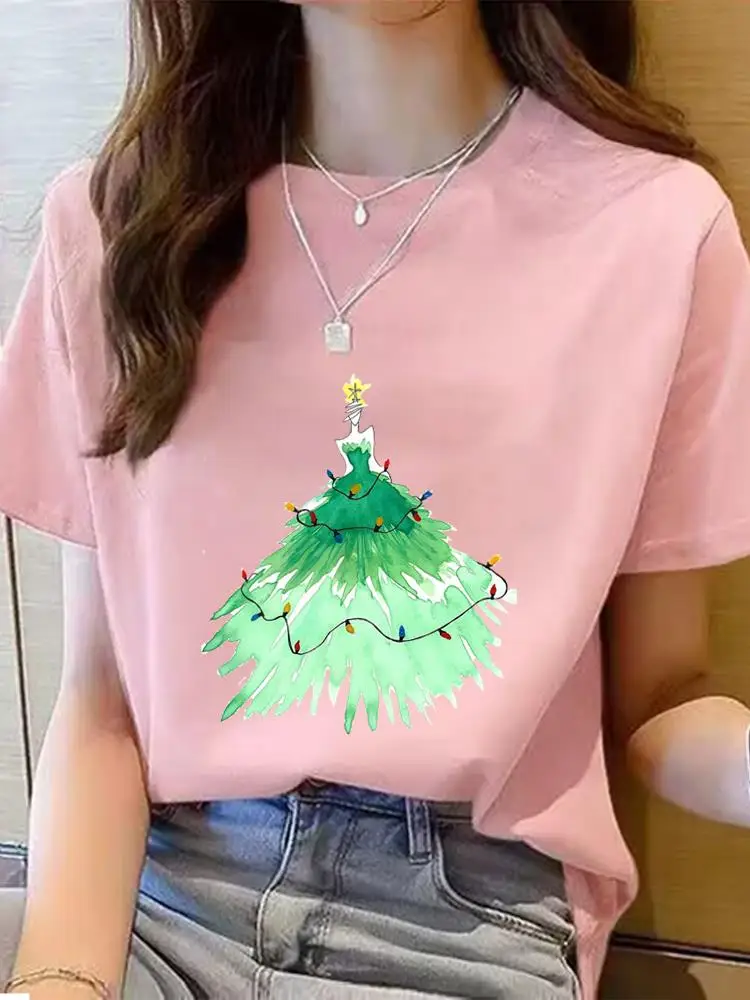 Tree Merry Christmas Fashion T Shirt Clothes Holiday Print Top New Year Cute Women Female Graphic T-shirt Ladies Clothing Tee