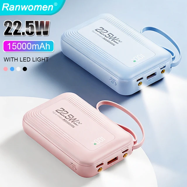 Batterie externe 15000mAh ou 30000mAh avec câble, lumière LED, affichage de la batterie, charge rapide PD 20W-22.5W, batterie externe universelle pour smartphone 1