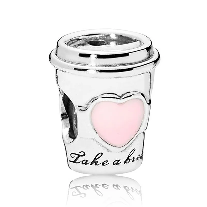 

Authentic 925 Sterling Silver Pink Enamel Takeaway Coffee Drink To Go Beads Charm Fit Women Pan Bracelet & Necklace Jewelry