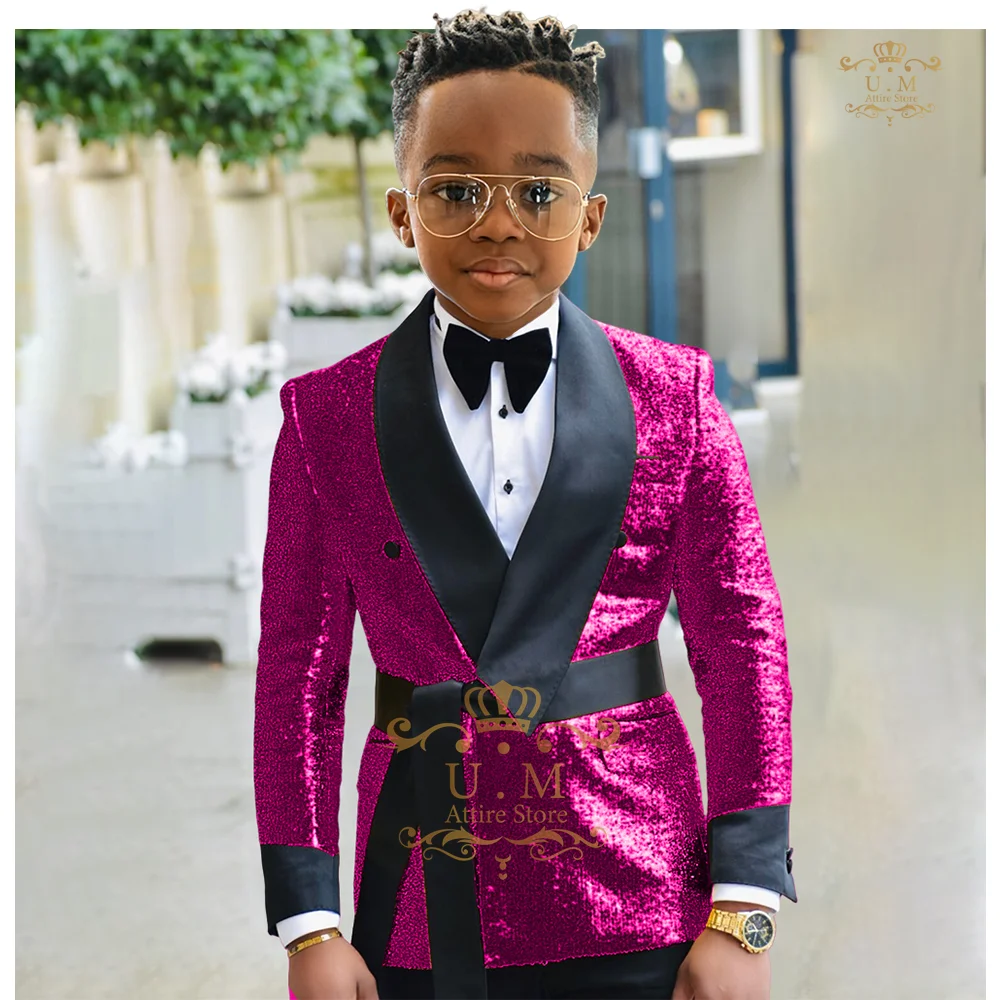 Boys Formal Suit Set Boys' shiny suit 2-piece set (jacket + pants) gold sequin shawl lapel waistband children tuxedo for wedding banquet party