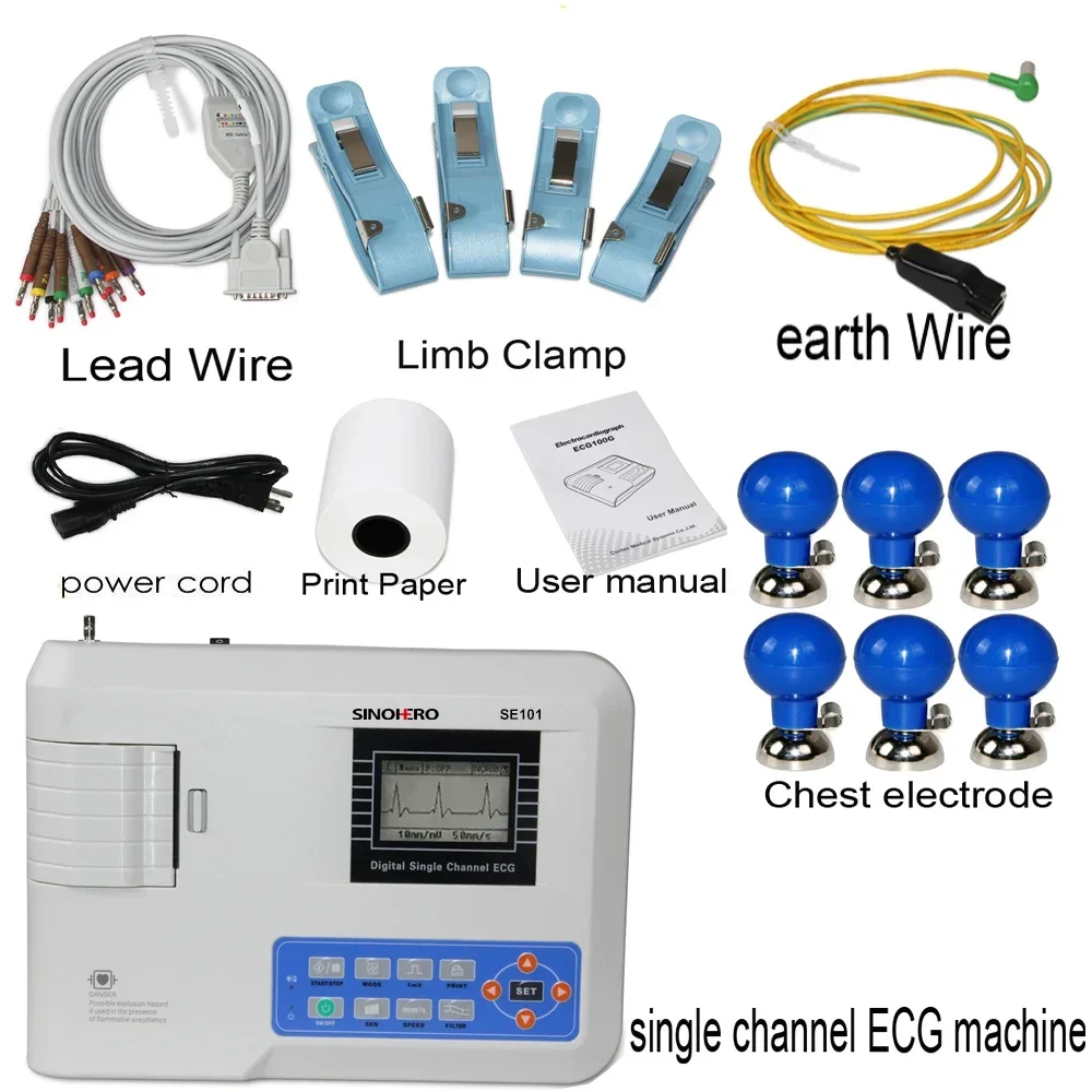 Single Channel 1 Channel 12 Lead Sinohero SE101 Digital Elektrokardiograph ECG Machine EKG Machine With Printer And PC Software