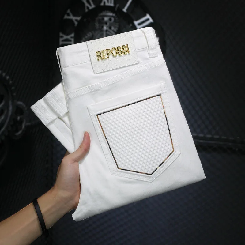 Light Luxury Stretch Jeans White for Men Fashion Fashion Brand Simple Slim Straight Casual All-Match Business Pants