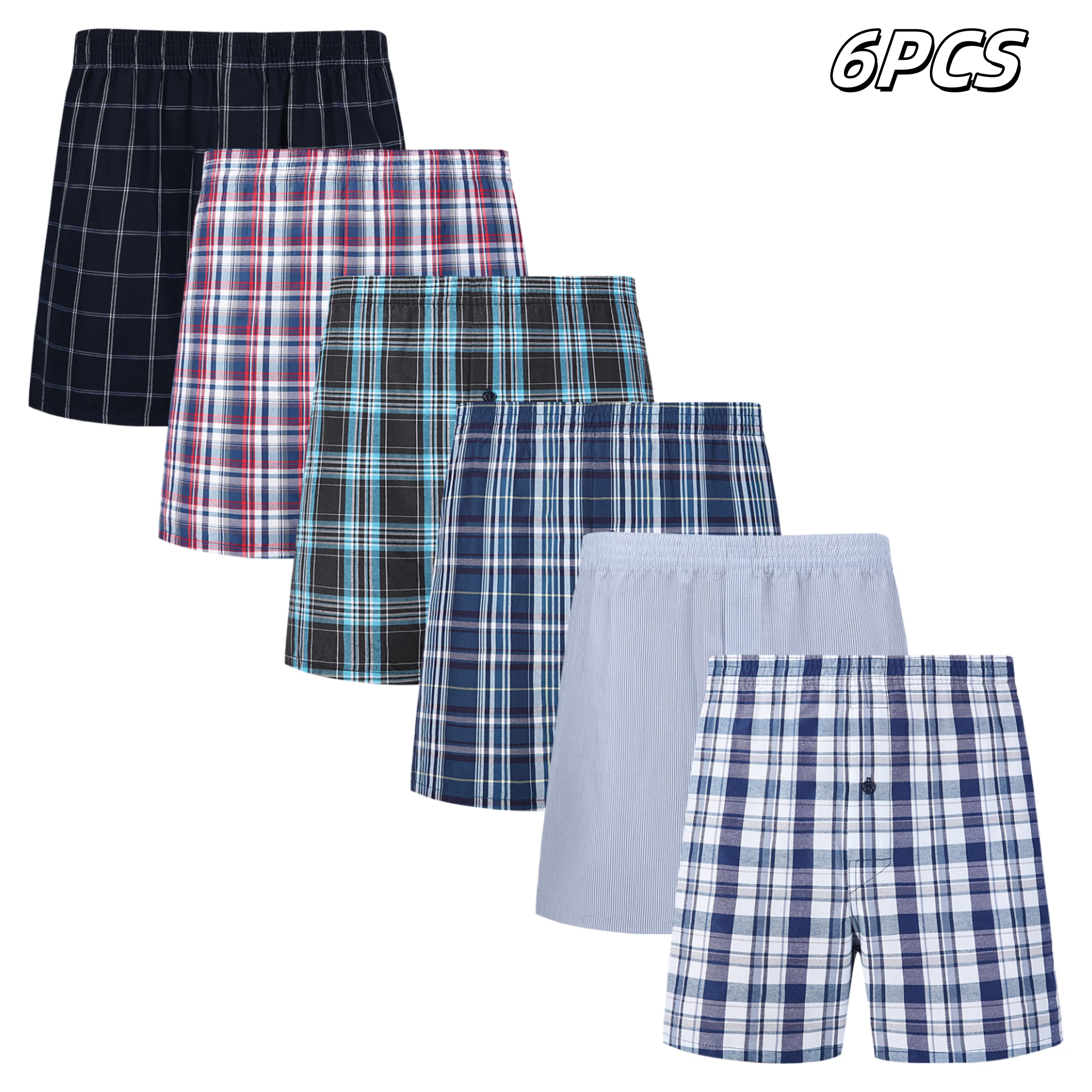 6 Pcs Boxer Shorts Casual Plaid Elastic Waistband Button Mens Boxer Underwear Woven Shorts For Home Random Color boxer shorts