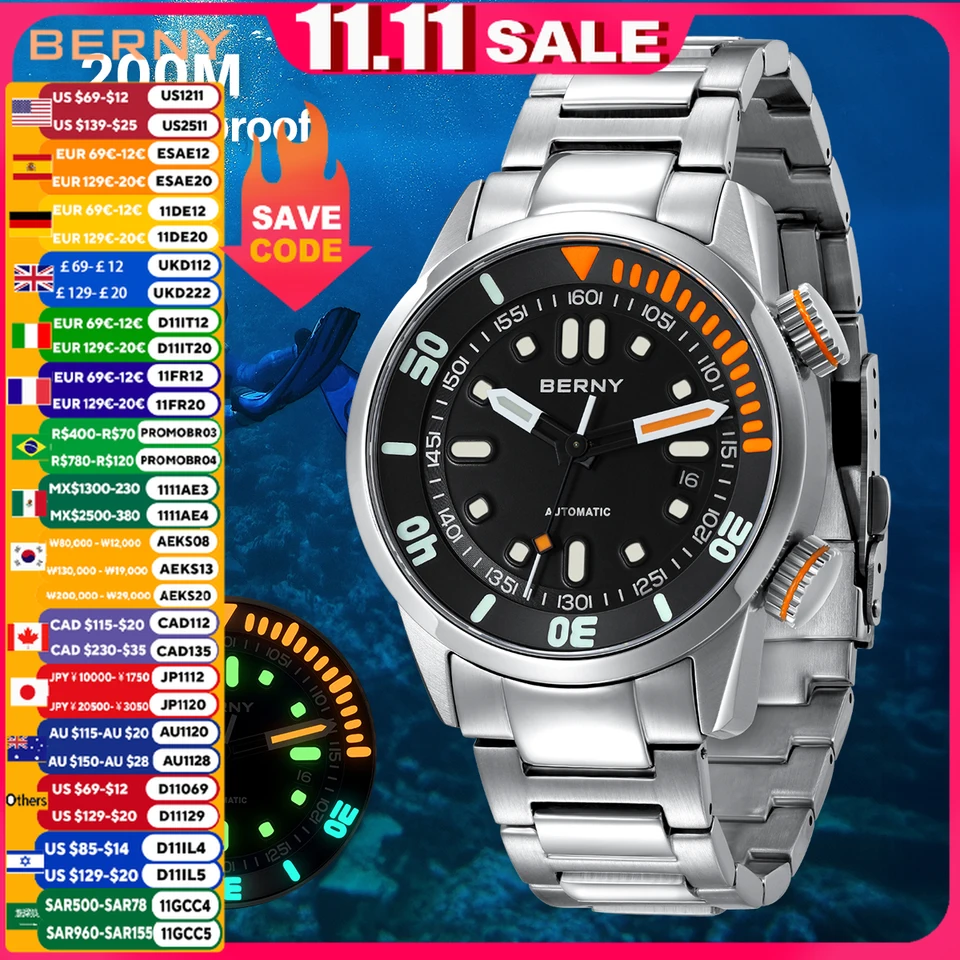 BERNY Automatic Dive Watch for Men Super Luminous Original Design  