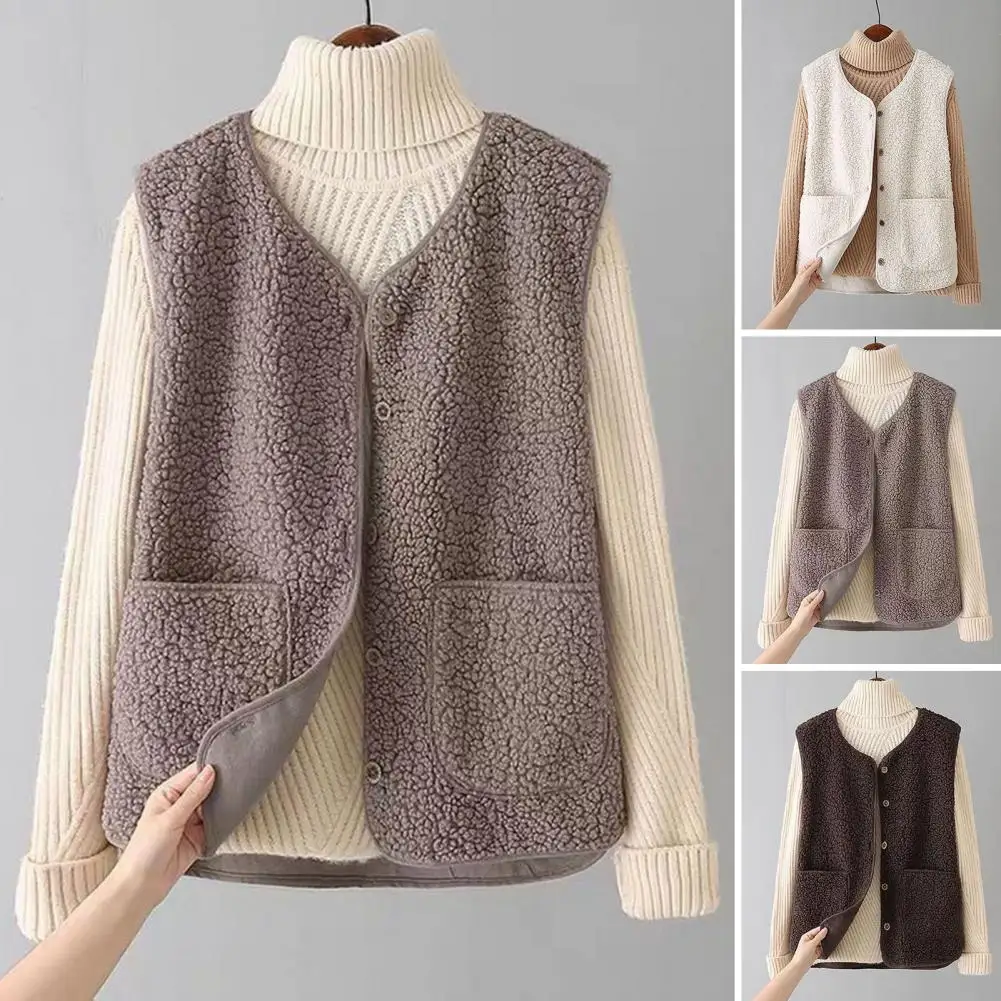 

Lamb's Fleece Vests Jacket New Spring Autumn Women Button Waistcoat Winter Warm Fleece Sleeveless Outwear Female