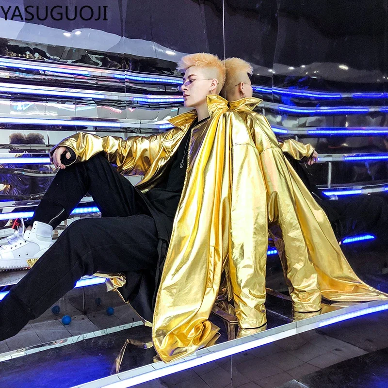 Hip Hop Harajuku Streetwear Reflective Mens Shiny Gold Trench Coat Nightclub DJ Dancer Stage Performance Glossy Windbreaker