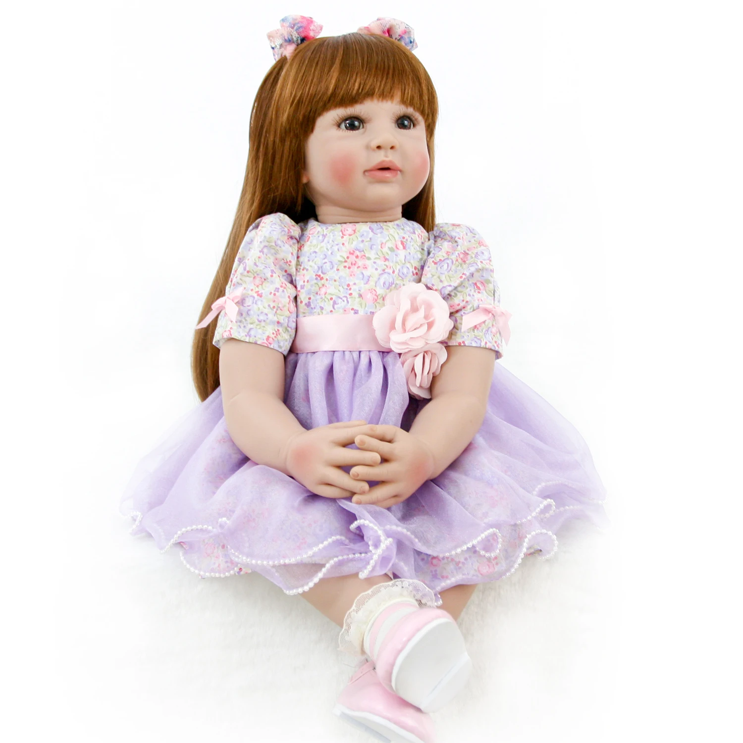 

60cm Lifelike Reborn Toddler Doll 24inch Alive Princess Baby with Purple Dress Cloth Body Realistic Bebe Girl Birthday Gift