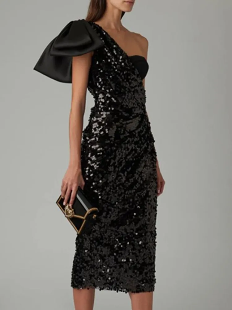 

2023 Elegant Women Sexy One Shoulder Mesh Sequins Black Midi Bodycon Dress Party Evening Stage Performance Dress Vestido