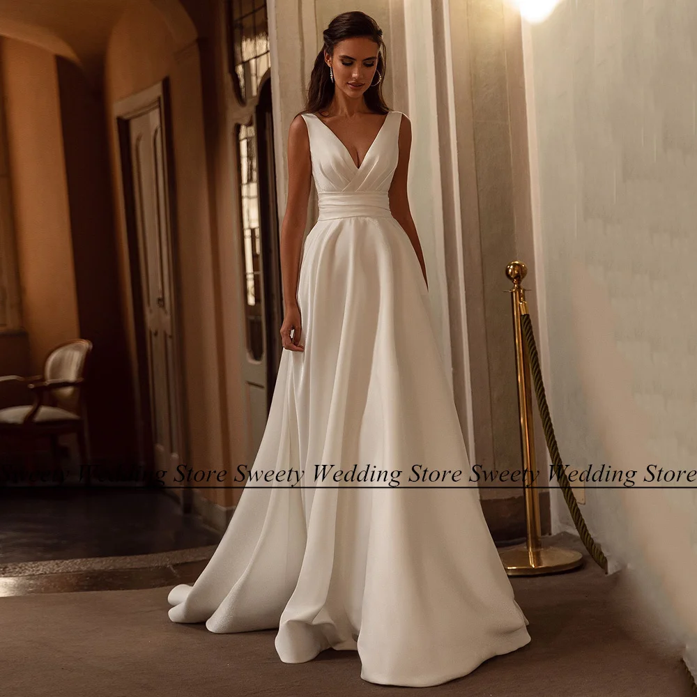 

High Quality Satin Wedding Dresses Jiayigong Sleeveless V Neck Pleat Belt Sweep Train Open Backl A Line Bridal Gown Robe Mariee