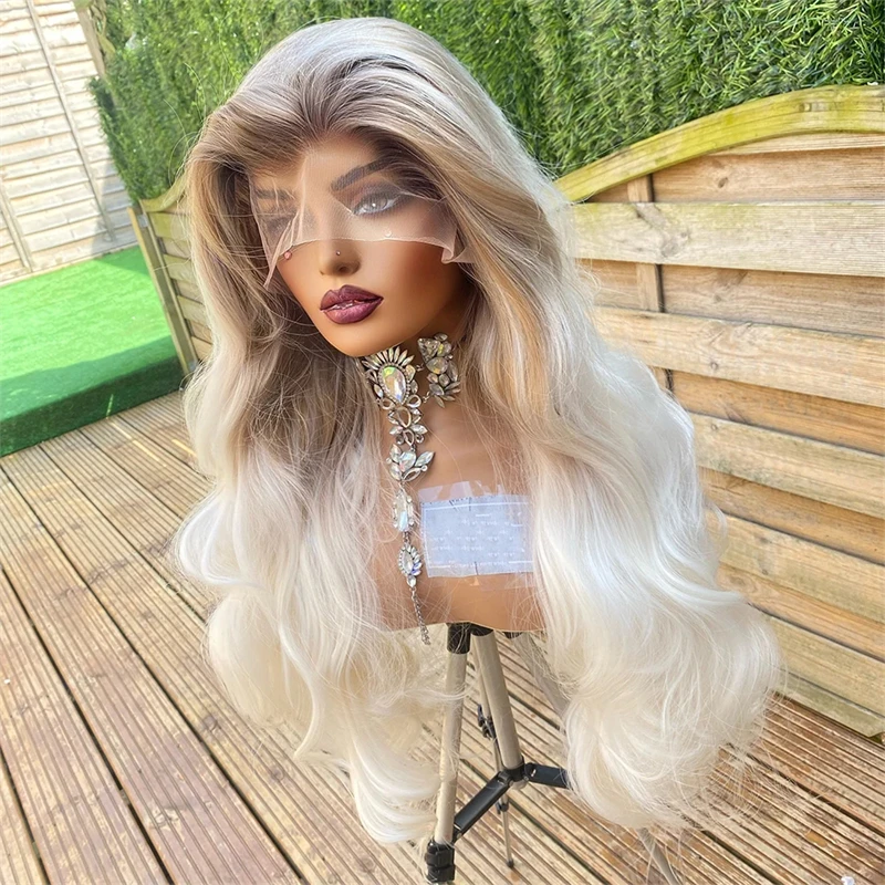 Thick Full Synthetic Lace Front Wig 200% Density Natural Loose WAvy Lace Frontal Wigs High Heat Fibre Ash Brown White Blonde Wig