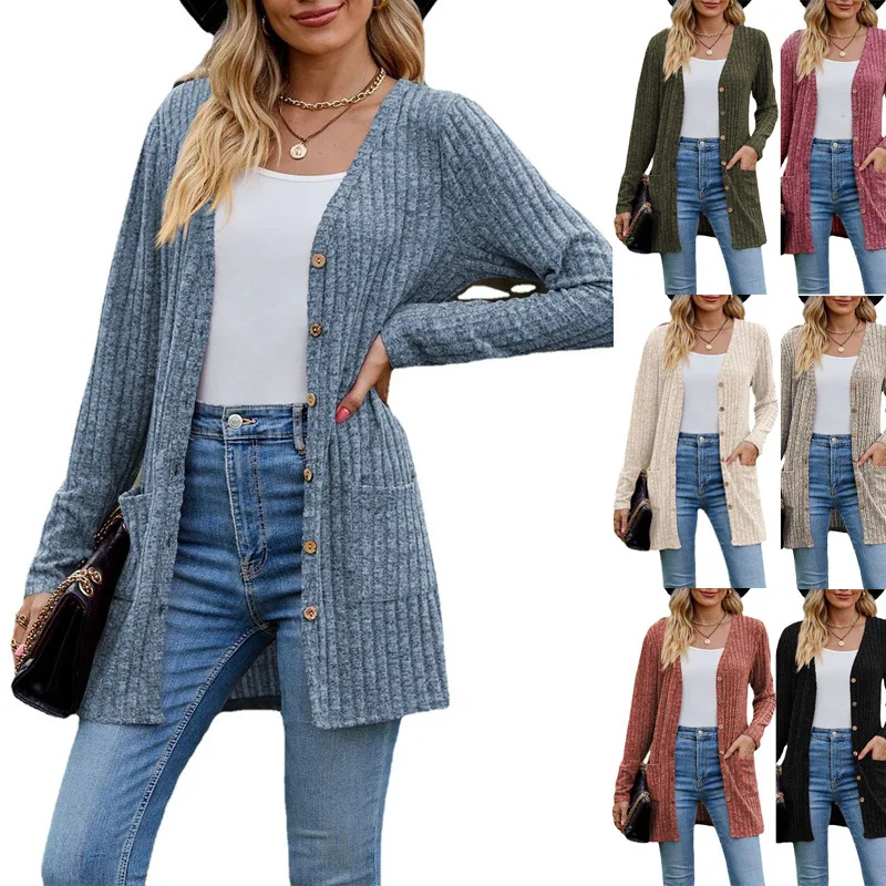 

2023 New Fashion Short Coat for Women Autumn and Winter Frayed Pit Strips Solid Long Sleeve Button Pocket Cardigan Jacket