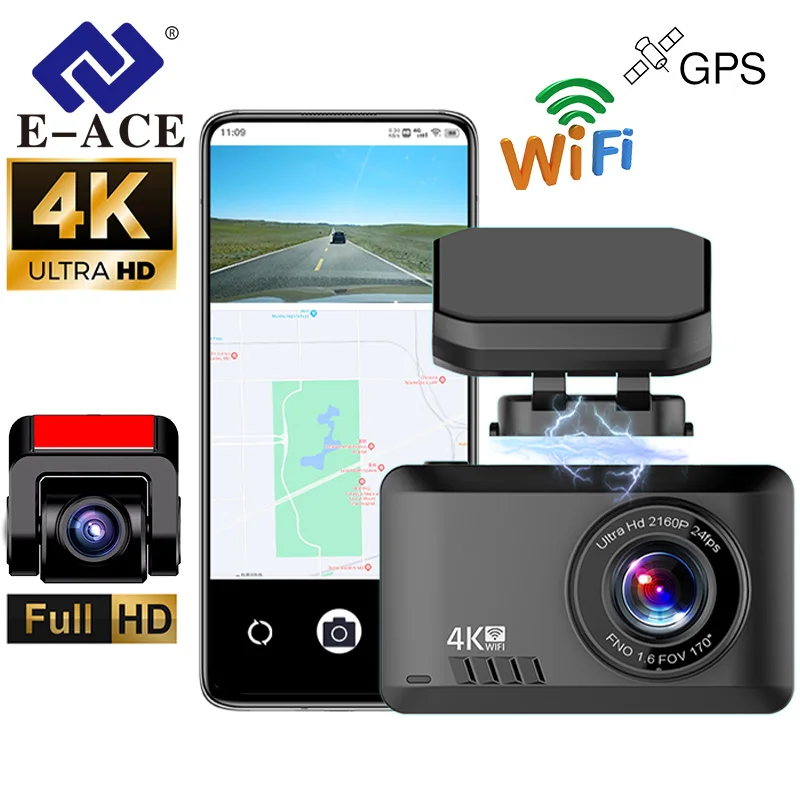 E-ACE 2160P Dash Cam For Cars GPS WiFi Front And Rear 4K Dash Cameras Vehicle Black Box Support Rear View Camera Video Recorder