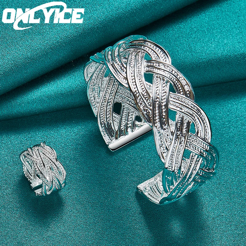 

925 Sterling Silver Jewelry Set For Women Interwoven Braided Bangle Bracelet Ring Adjustable Fashion Party Wedding Holiday Gifts