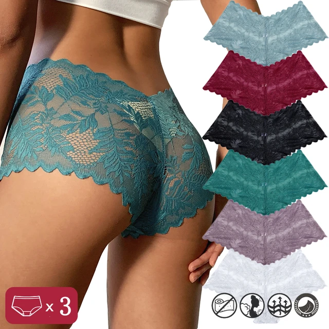 3PCS Women Sexy Lace Panties Floral Perspective Uderwear Solid